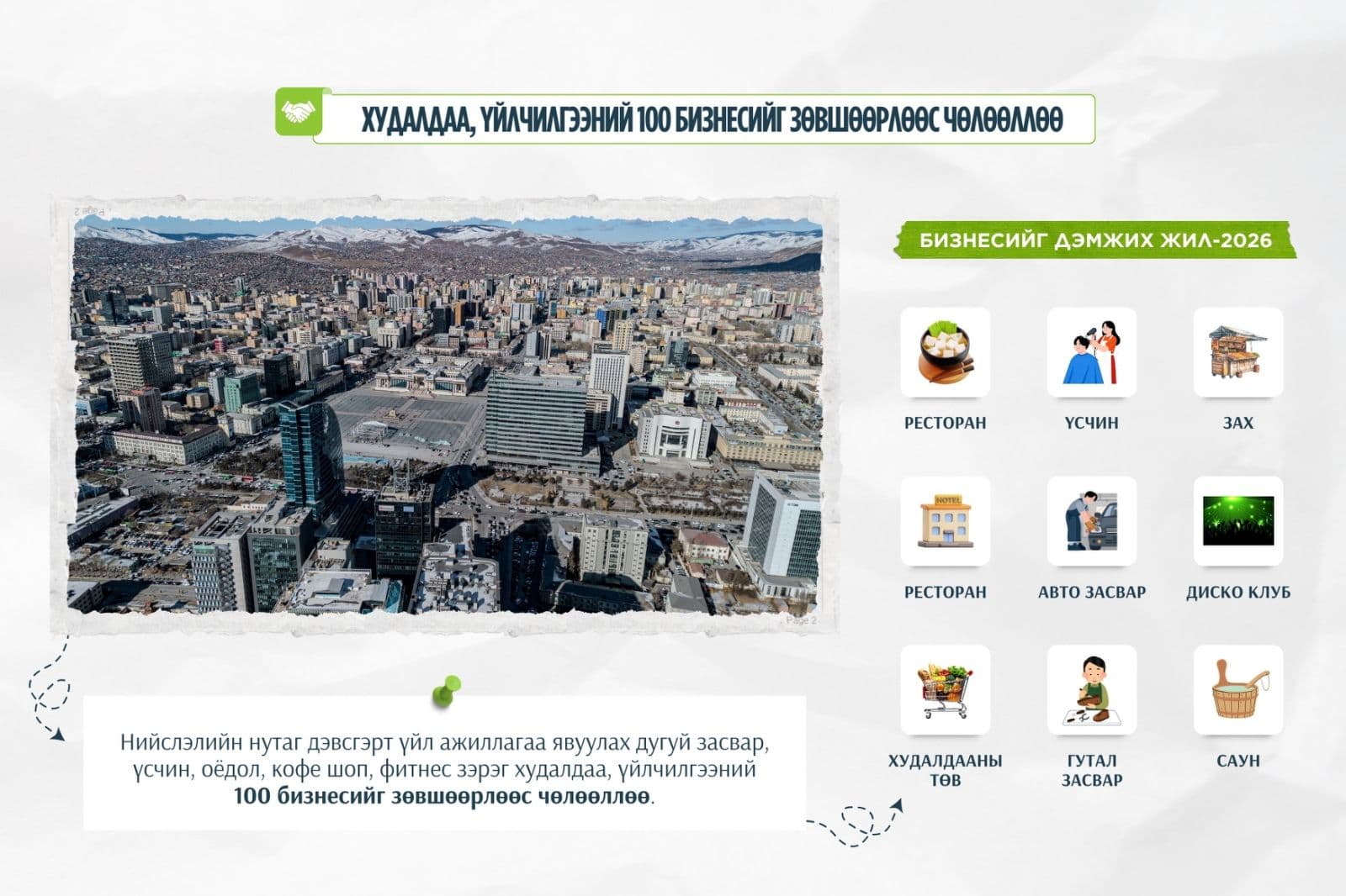  Хотын дарга Х.Нямбаатар "Нийслэлийн нутаг дэвсгэрт үйл ажиллагаа эрхлэх 100 үйлчилгээнд зөвшөөрөл шаардахгүй