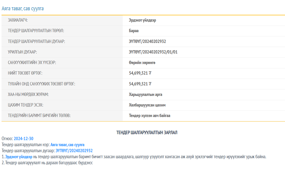 "Эрдэнэт үйлдвэр" ТӨҮГ ₮54.6 саяар аяга тавга худалдан авна