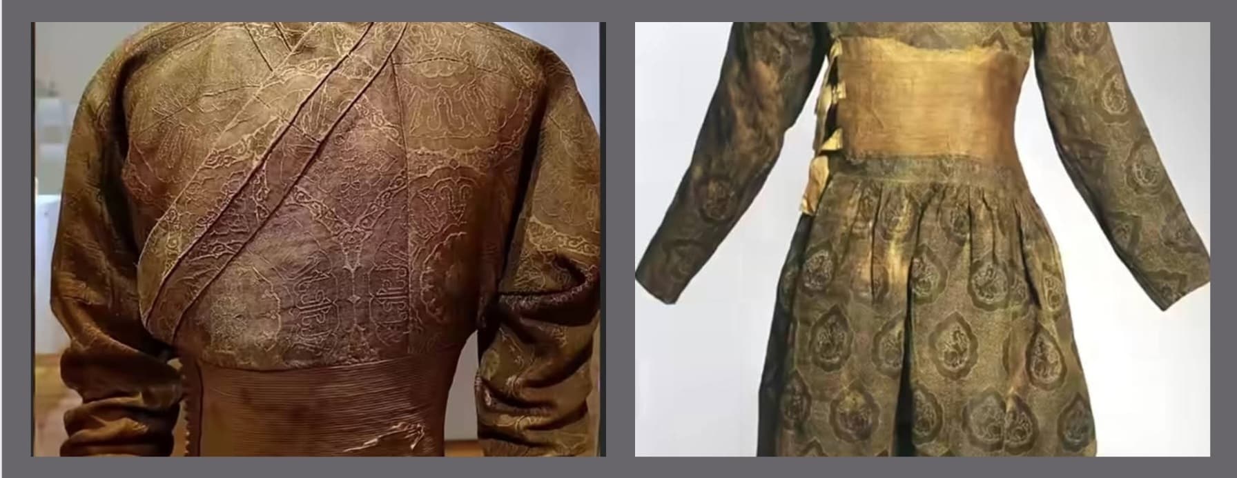 -“Иранаас олдсон Юань гүрний үеийн монгол дайчны дээл” (Дайчин гэж байгаа ч ийм нарийн хийцтэй ганган дээлийг жирийн дайчин өмсөх боломжгүй...). 700 жил болсон ч одоо ч сүр хүчтэй хэвээр”.-“700 жилийн өмнө монголын төмөр морьт цэрэг Евразийг дайлан эзэлж байсан”