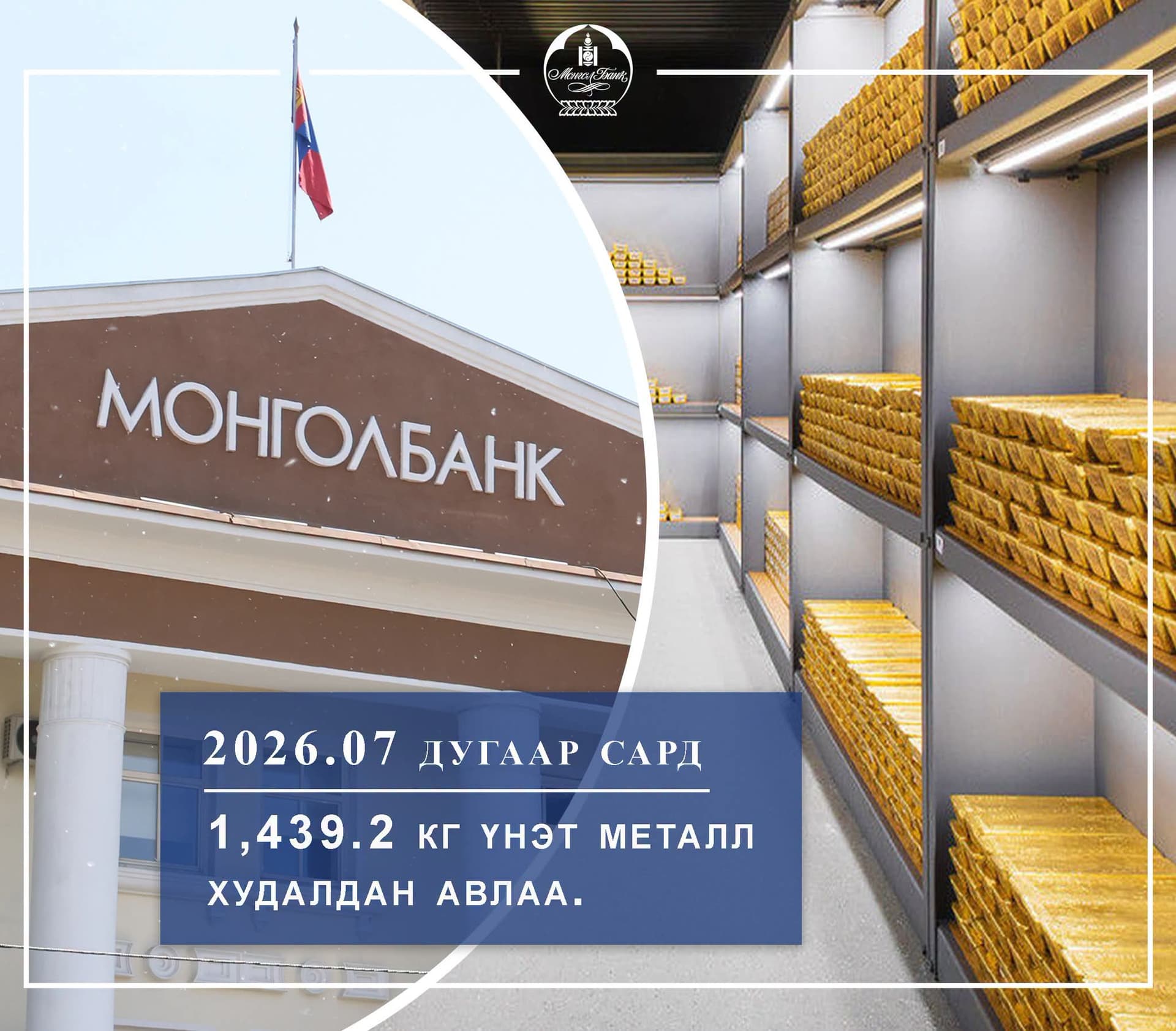 Монголбанк 7 дугаар сард 1,439.2 кг үнэт металл худалдан авлаа