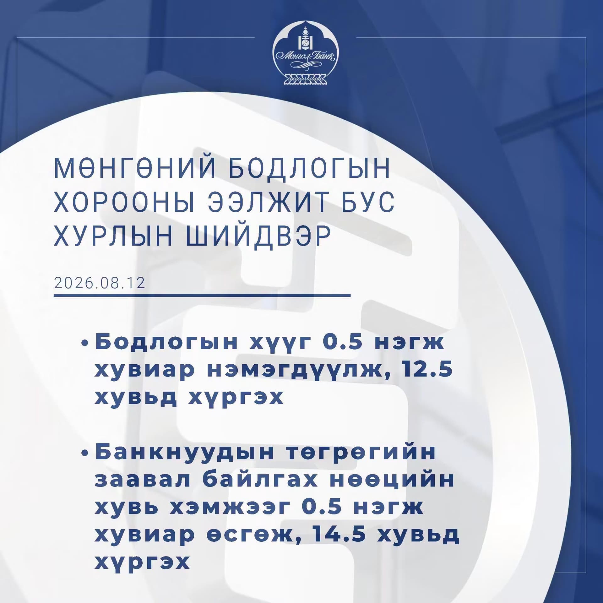 МОНГОЛБАНК: МӨНГӨНИЙ БОДЛОГЫН ХОРООНЫ МЭДЭГДЭЛ